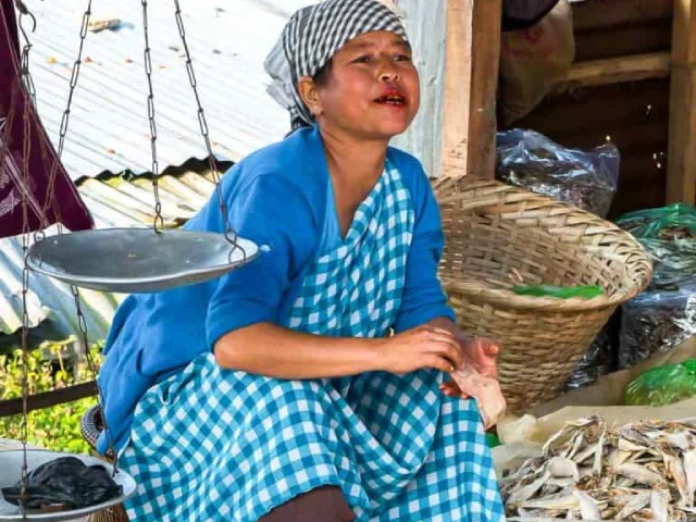 Khasi woman selling dried fish at the market in Shillong, Meghalaya Image