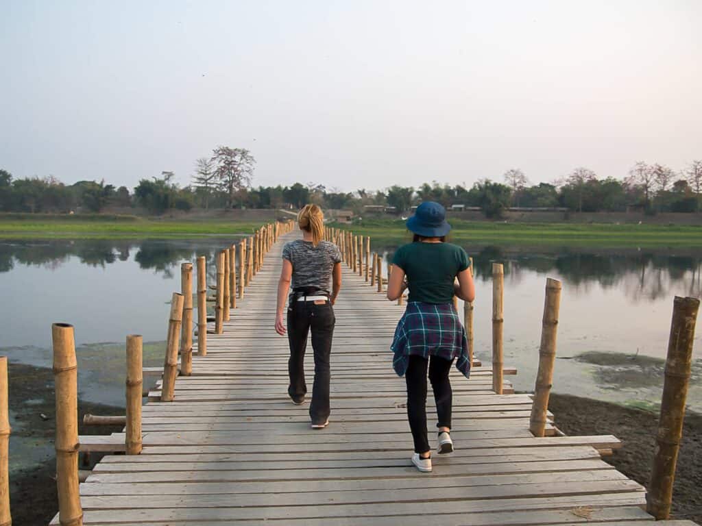 Terralaya Co-founder Helen Kämpf with daughter exploring Majuli